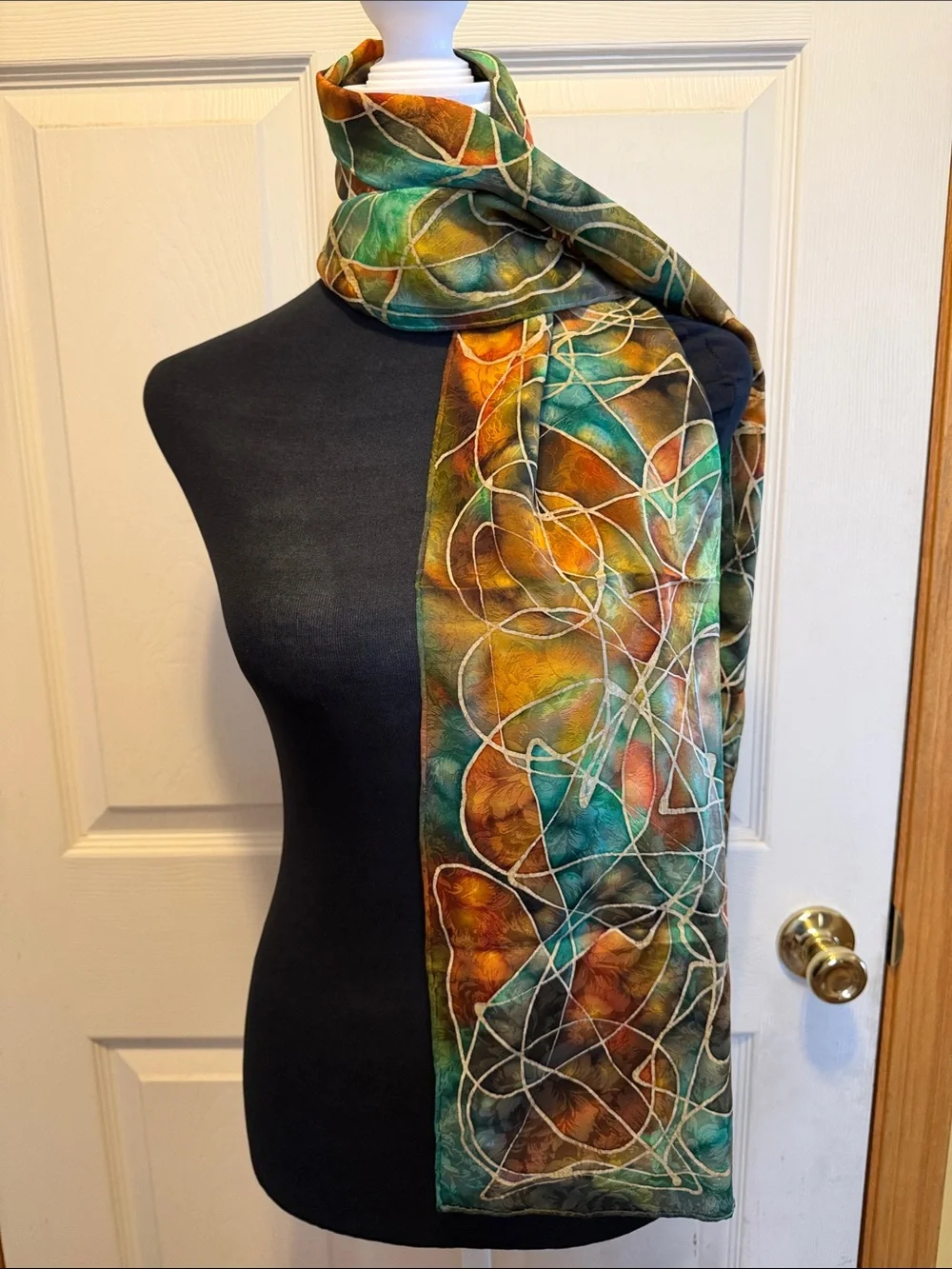 Vintage Handcrafted Multicolor Silk Scarf - Vibrant Teal & Amber